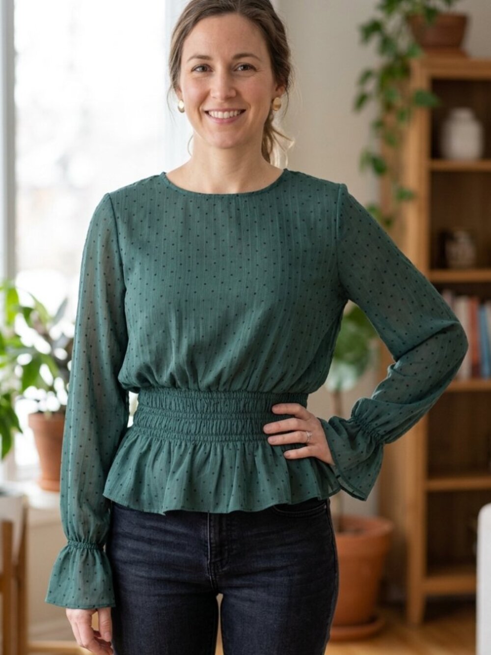 LE LIS Dark Green Swiss Dot Smocked Peplum Blouse Medium Style YT1017